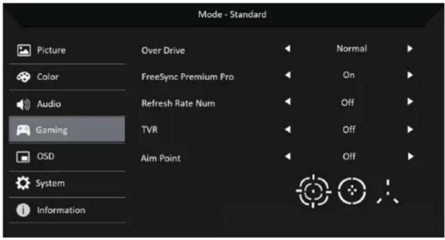 Mode - Standard Picture Over Drive Normal Color FreeSync Premium Pro On Audio Refresh Rate Num Off Gaming TVR Off OSD Aim Point Off System Information