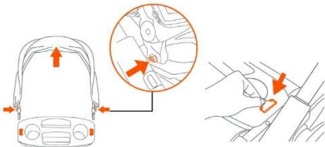 Diagram illustrating car seatbelting technique with labeled parts and directional arrows