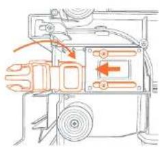 Technical diagram of a mechanical device with labeled components and directional arrows indicating motion or flow.