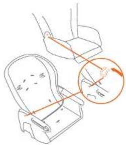 Diagram showing a hand operating a seatbelt with an inset magnified view highlighting the angle of the seatbelt.