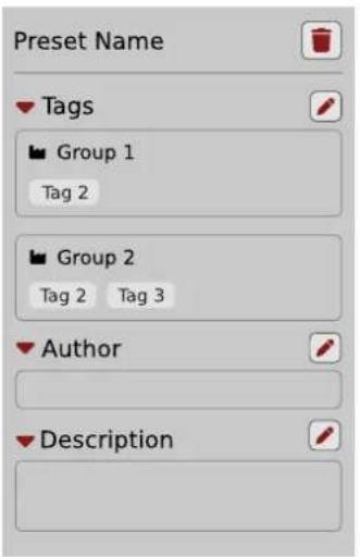 Preset Name Tags Group 1 Tag 2 Group 2 Tag 2 Tag 3 Author Description