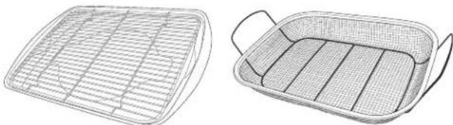 Two wire mesh baskets with different internal patterns, one open and one filled with a grid pattern (no text or symbols)