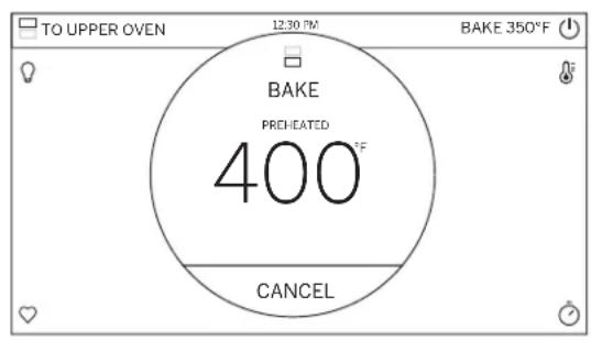 TO UPPER OVEN 12:30 PM BAKE 350°F BAKE PREHATED 400 °F CANCEL