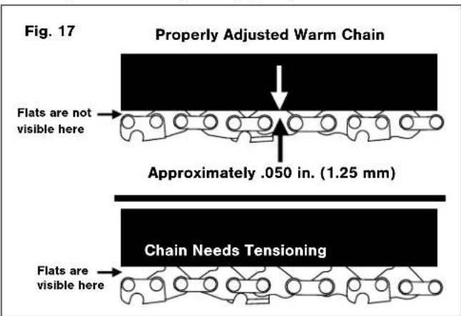 Fig. 17 Properly Adjusted Warm Chain Flats are not visible here Approximately .050 in. (1.25 mm) Flats are visible here Chain Needs Tensioning