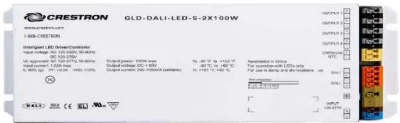 CRESTRON GLD-DALI-LED-S-2X100W www.crestron.com 1-688-CRESTRON Intelligent LED DriverController Input voltage: AC 120-250V, 50-60Hz DC 120-375V UL approval: AC 120-277V, 50-60Hz Input current: 1.05A max f): 90% (p): 191+104 - 110Ω; +105% Output power: 100V max Output voltage: DC < 60V Output current: 200-1050mA (available) Output current: 100V max Output voltage: +122 °F -40 °C to +60 °C to +161 °C to +65 °C Annotated in GHz For operation with LEDs only For use in lamp and dry locations - int DALI DALI DALL DALL INPUT: 120-277V
