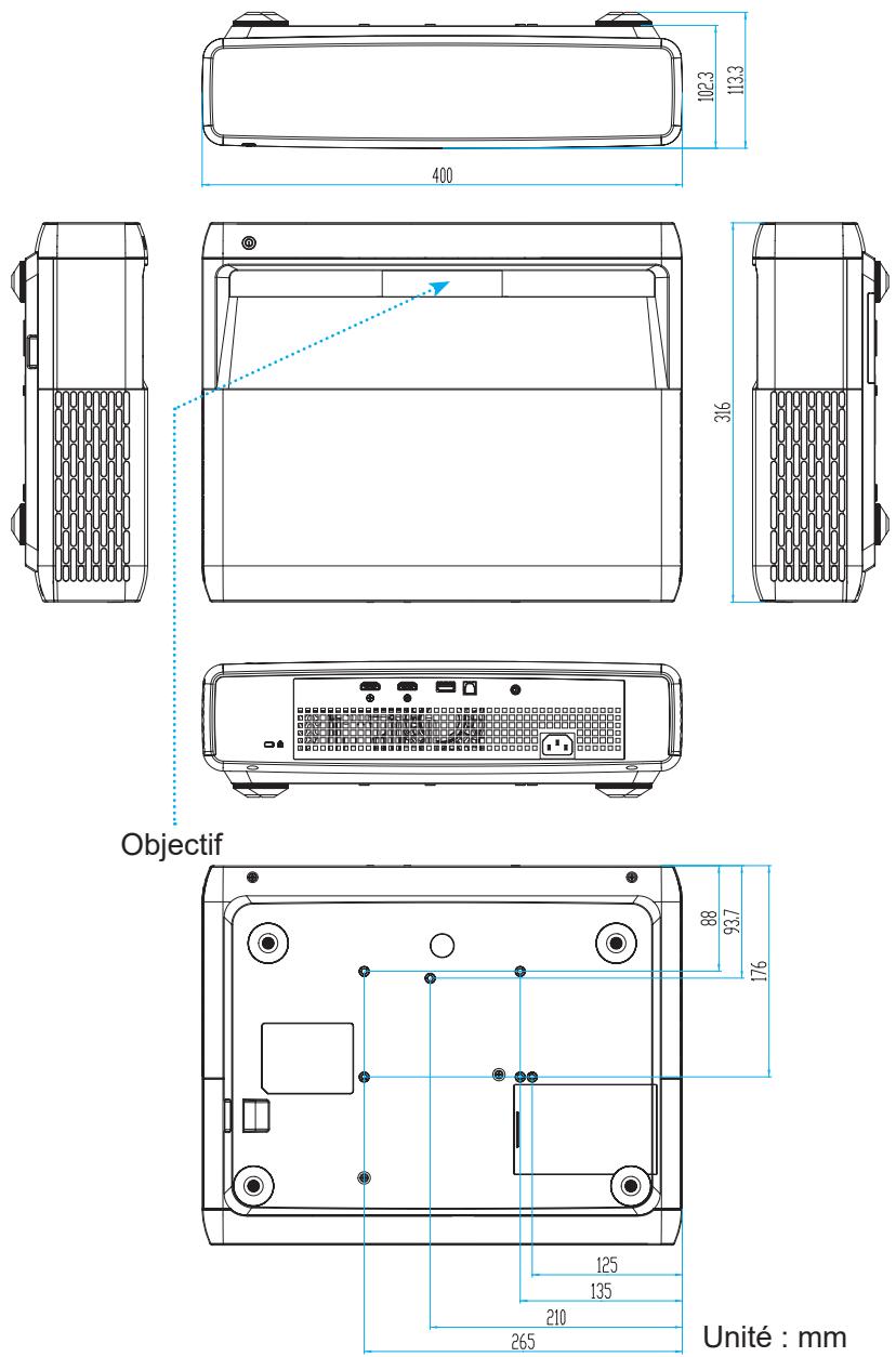 OPTOMA L1 - Dimensions du projecteur et installation au plafond - 1
