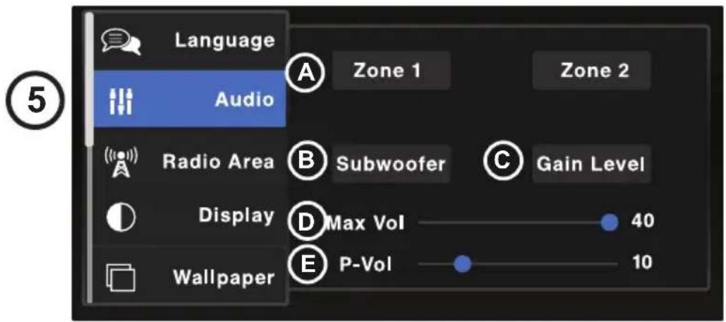Language Audio Zone 1 Zone 2 Radio Area Subwoofer Gain Level Display Max Vol 40 Wallpaper P-Vol 10