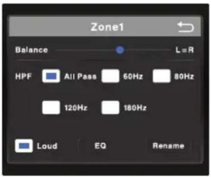 Zone1 Balance L = R HPF All Pass 60Hz 80Hz 120Hz 180Hz Loud EQ Rename
