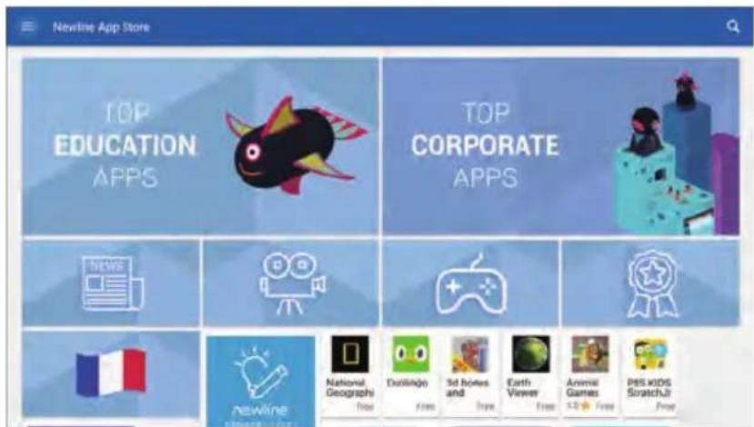 Newline App Store TOP EDUCATION APPS TOP CORPORATE APPS NEWS France NEWS National Geographi Film Doolingo Film Sd hortes and Film Earth Viewer Film Animal Games X:0% PES KIDS ScratchJr Movie