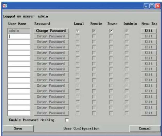 Logged on users: admin User Name Password Local Remote Power IsAdmin Menu Bar admin Change Password ✓ ✓ ✓ ✓ Edit Enter Password ✓ ✓ ✓ ✓ Edit Enter Password ✓ ✓ ✓ ✓ ✓ Edit Enter Password ✓ ✓ ✓ ✓ ✓ Edit Enter Password ✓ ✓ ✓ ✓ ✓ Edit Enter Password ✓ ✓ ✓ ✓ ✓ Edit Enter Password ✓ ✓ ✓ ✓ ✓ Edit Enter Password ✓ ✓ ✓ ✓ ✓ Edit Enter Password ✓ ✓ ✓ ✓ ✓ Edit Enter Password ✓ ✓ ✓ ✓ ✓ Edit Enter Password ✓ ✓ ✓ ✓ ✓ Edit Enter Password ✓ ✓ ✓ ✓ ✓ Edit Enable Password Hashing Save User Configuration Cancel