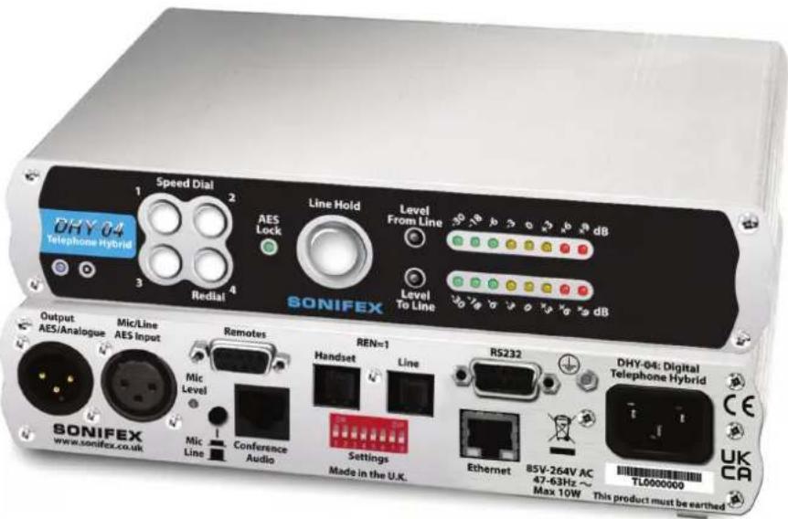 DHY-04 Telephone Hybrid. 1, 2, 3, 4: Speed Dial, AES Lock, Line Hold, Level From Line, Level To Line (dB). SONIFEX. Output: AES/Analogue, Mic/Line. AES Input. Mic Level. Sonifex. www.sonifex.co.uk. Mic Line. Resumes. Conference Audio. REN=1. Handset. Line. Settings. Made in the U.K. RS232. Ethernet.…