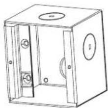 Technical line drawing of an open electrical cabinet with mounting holes and internal components (no text or symbols)