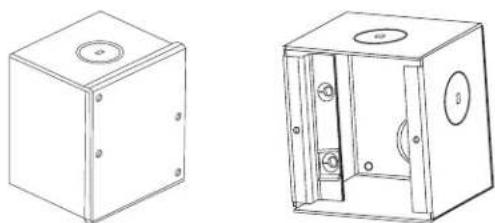 Technical line drawings of two open electrical cabinets, one with circular top and one with internal doors (no text or symbols)
