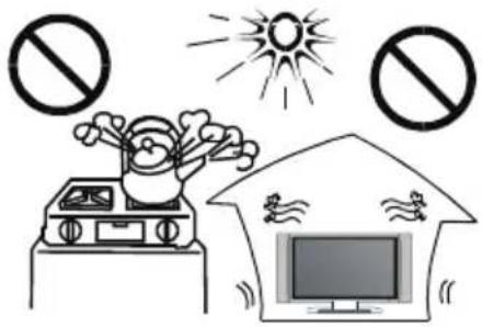 Illustration showing a car with exhaust smoke emitting a sun, and a house with a TV and fire, both marked with prohibition signs.