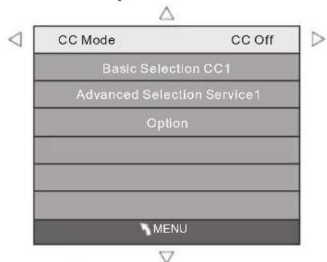 CC Mode CC Off Basic Selection CC1 Advanced Selection Service1 Option MENU