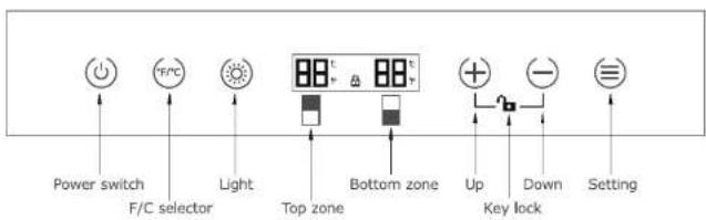 Power switch F/C selector Light Top zone Bottom zone Up Down Key lock Setting