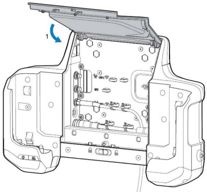 Technical line drawing of a camera body panel with internal components and a blue directional arrow indicating rotation (no text or symbols present)