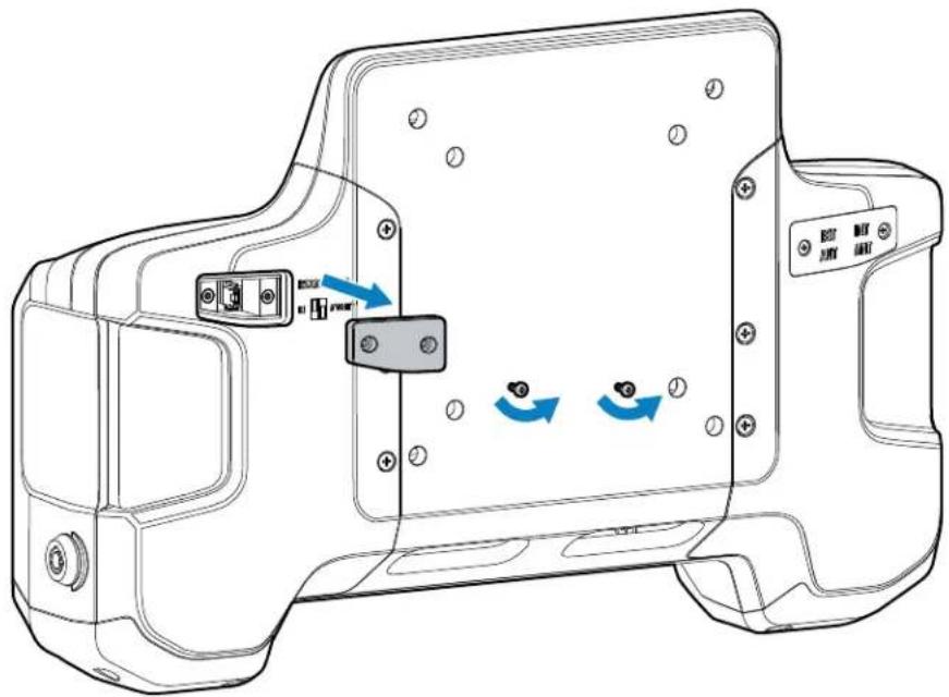 Technical line drawing of a mechanical component with mounting holes and directional arrows indicating motion (no text or symbols)