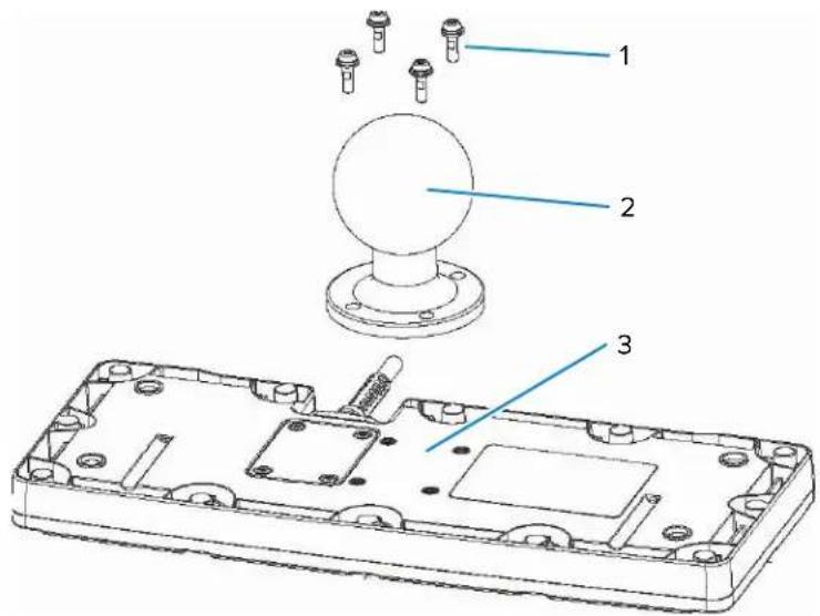 Technical diagram of a device with labeled parts including a spherical component and internal components
