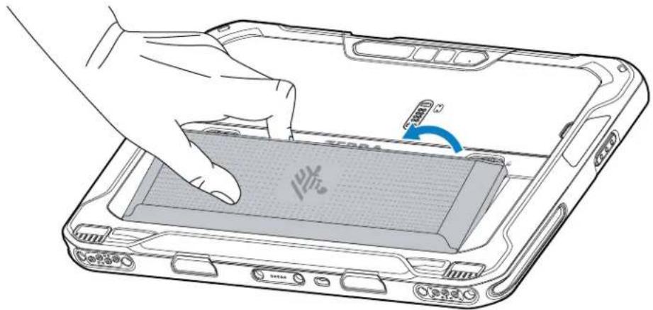 Illustration of a hand pressing down on a tablet device with a blue circular arrow indicating rotation (no text or symbols)