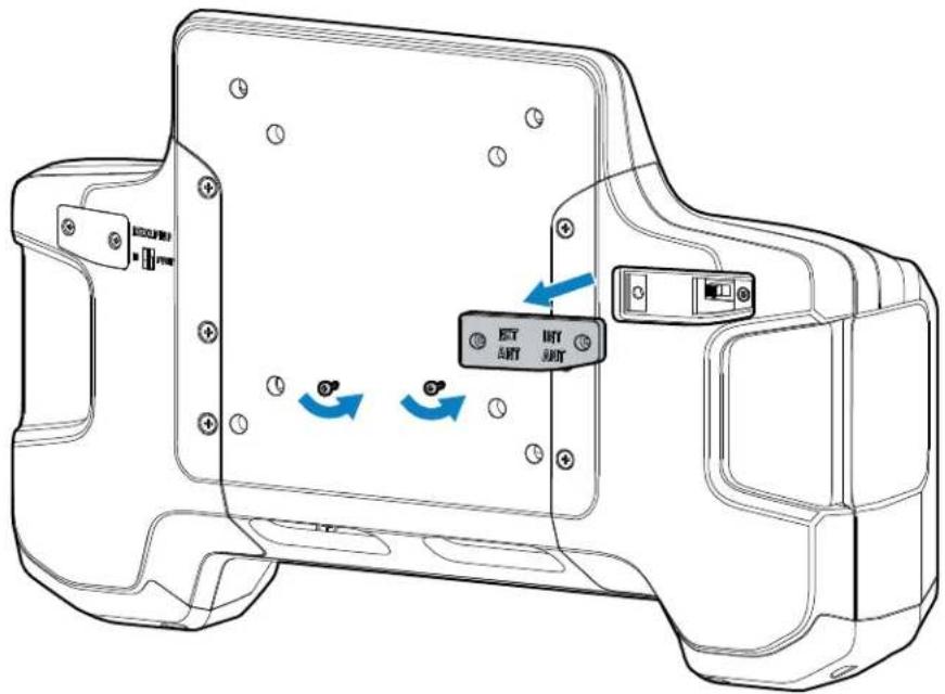 Technical diagram of a device casing with labeled buttons and directional arrows indicating rotation or movement.