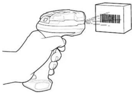 Line drawing of a hand holding a barcode scanner with a box (no text or symbols)