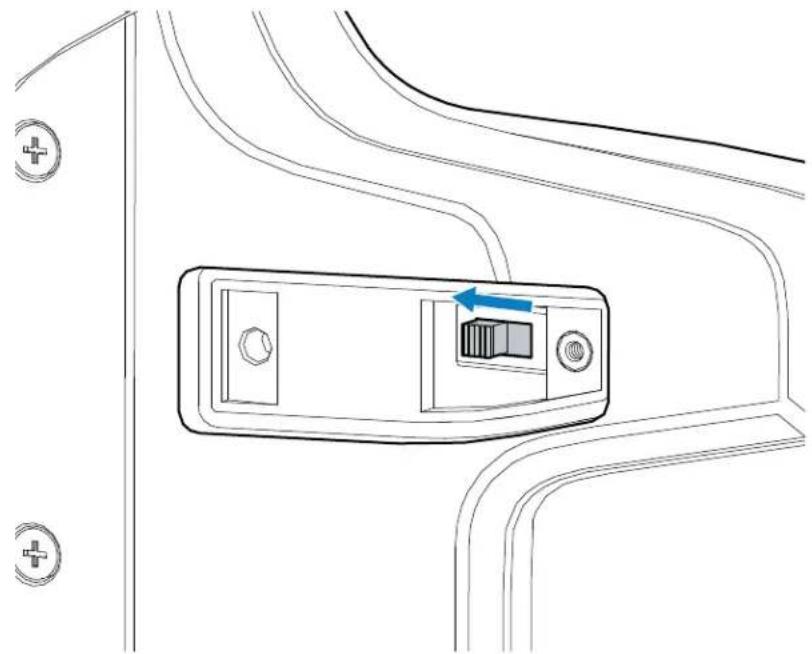 Line drawing of a device panel with a blue arrow indicating direction, no text or symbols present
