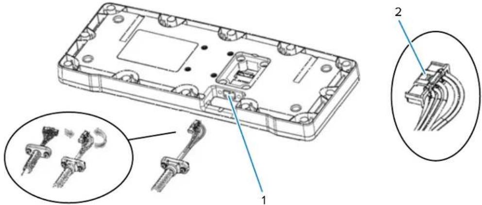Technical diagram of a device housing with labeled components and close-up views showing internal connectors and cable connections.