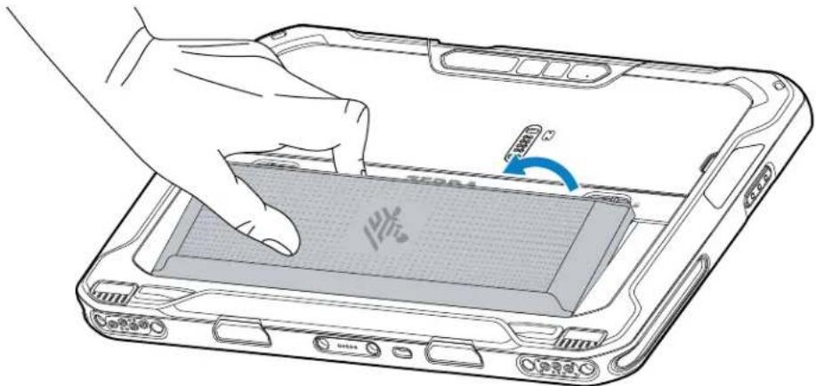 Illustration of a hand pressing down on a tablet device with a scroll wheel (no text or symbols)