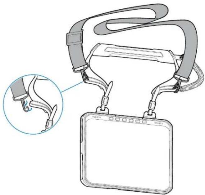 Diagram of a handheld electronic device with attached straps and a tablet, showing a close-up inset of the cable (no text or symbols present)