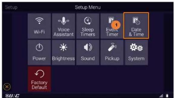Setup Setup Menu Wi-Fi Voice Assistant Sleep Timers Event Timer Date & Time Power Brightness Sound Pickup System Factory Default
