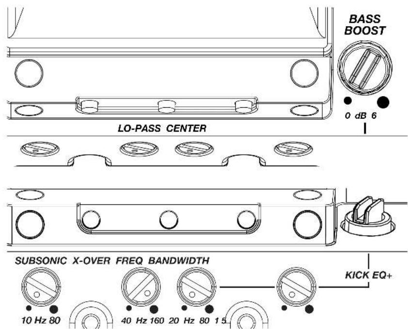 BASS BOOST 0 dB 6 LO-PASS CENTER SUBSONIC X-OVER FREQ BANDWIDTH 10 Hz 80 40 Hz 160 20 Hz 80 1.5 KICK EQ+