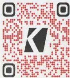 QR code with a central logo featuring a stylized 'K' and red pixelated background
