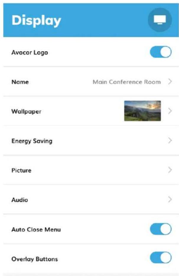 Display Avocor Logo Name Main Conference Room > Wallpaper Energy Saving Picture Audio Auto Close Menu Overlay Buttons