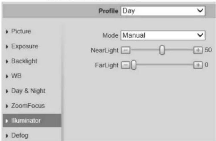 Profile Day ► Picture ► Exposure ► Backlight ► WB ► Day & Night ► ZoomFocus ► Illuminator ► Defog Mode Manual NearLight —— [ ] —— + 50 FarLight —— [ ] —— + 0