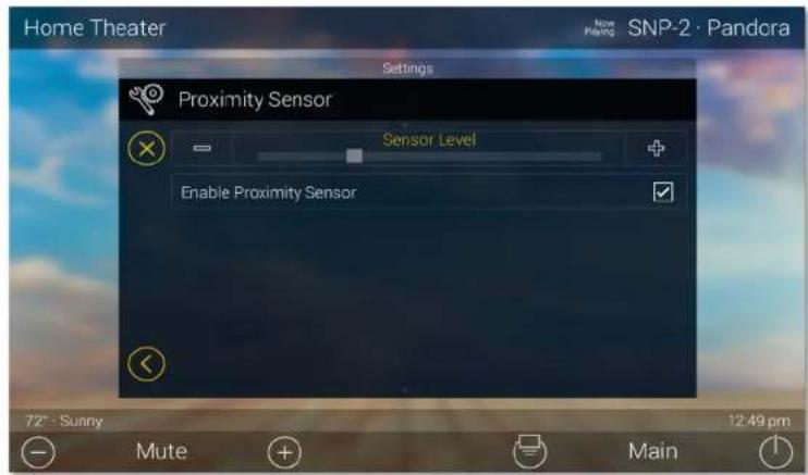 Home Theater Settings Proximity Sensor Sensor Level Enable Proximity Sensor 72° - Sunny Mute SNP-2 · Pandora 12:49 pm