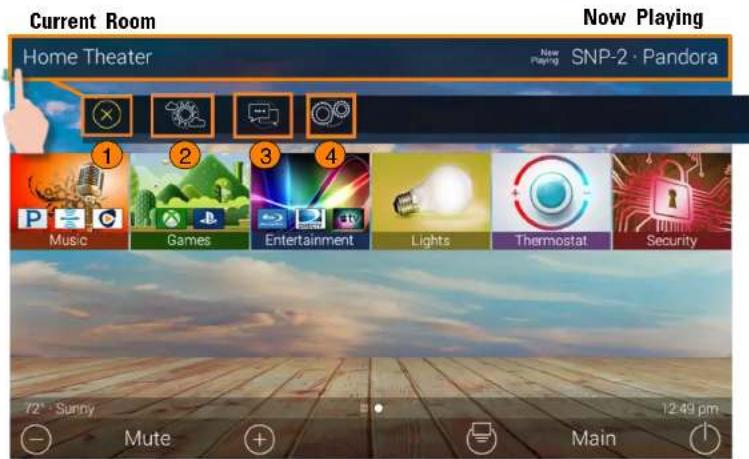 Current Room Home Theater Now Playing SNP-2 · Pandora Music Games Entertainment Lights Thermostat Security 72° · Sunny Mute Main 12:49 pm