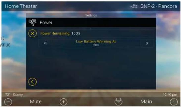 Home Theater Settings Power Power Remaining: 100% Low Battery Warning At 20% 72° Sunny Mute Main SNP-2 · Pandora