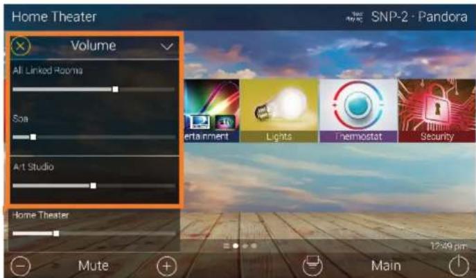 Home Theater Volume All Linked Rooms Sea Art Studio Home Theater SNP-2 · Pandora entertainment Lights Thermostat Security Mute Main