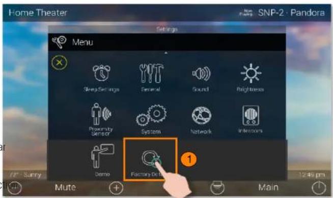 Home Theater SNP-2 · Pandora Settings Menu Sleep Settings General Sound Brightness Proximity Sensor System Network Intercolors Demo Factory De Rea 1 78° - Sunny Mute + Main