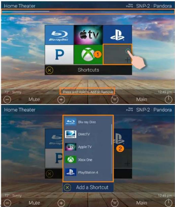 Home Theater SNP-2 · Pandora 72° · Sunny Press and Hold to Add or Remove 12:49 pm Mute Main Home Theater SNP-2 · Pandora Blu ray Disc DirecTV Apple TV Xbox One PlayStation 4 Add a Shortcut 72° · Sunny Mute Main 12:49 pm