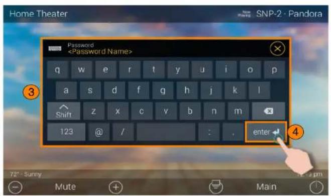 Home Theater SNP-2 · Pandora Password q w e r t y u i o p a s d f g h j k l Shift z x c v b n m 123 @ / : , enter 72° · Sunny Mute + Main