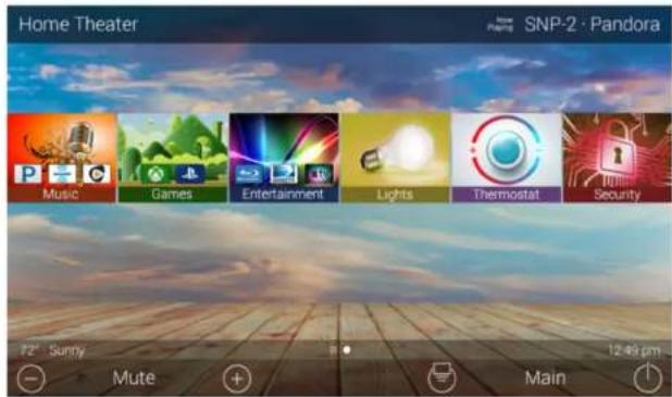 Home Theater SNP-2 - Pandora Music Games Entertainment Lights Thermostat Security 72° Sunny Mute Main 12:49 pm