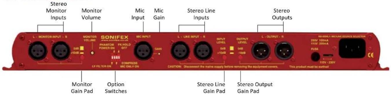 Stereo Monitor Inputs Monitor Volume Mic Input Mic Gain Stereo Line Inputs Stereo Outputs L - MONITOR INPUT - R MONITOR VOLUME SONIFEX PHANTUM POWER ON FFK HOLD OFF MIC INPUT L - LINE INPUT - R INPUT LEVEL 0dB +10dB OUTPUT LEVEL 0dB -10dB L - OUTPUT - R RE-BRLL: MCLINE SOURCE SELECTOR 230V 100mA 115…