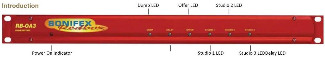 Introduction Dump LED Offer LED Studio 2 LED RB-OA3 SONIFEX Redbox Power On Indicator SUMP DELAY OFFEX STUDIO 1 STUDIO 2 STUDIO 3 Studio 1 LED Studio 3 LEDDelay LED