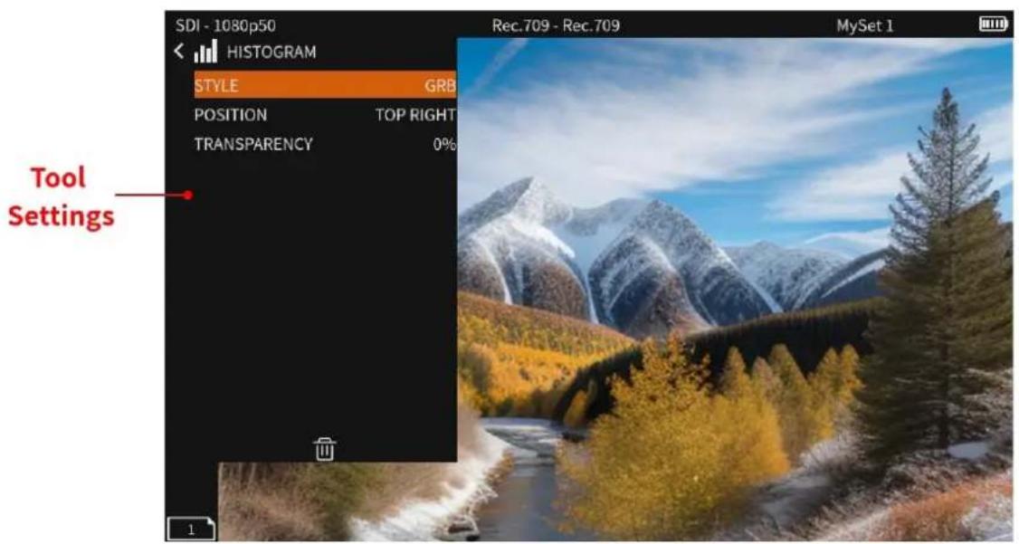 SDI - 1080p50 HISTOGRAM STYLE GRB POSITION TOP RIGHT TRANSPARENCY 0% Tool Settings Rec.709 - Rec.709 MySet 1