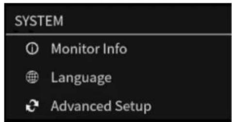 SYSTEM ① Monitor Info ● Language ○ Advanced Setup