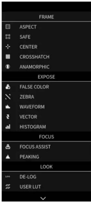 FRAME ASPECT SAFE CENTER CROSSHATCH ANAMORPHIC EXPOSE FALSE COLOR ZEBRA WAVEFORM VECTOR HISTOGRAM FOCUS FOCUS ASSIST PEAKING LOOK DE-LOG USER LUT