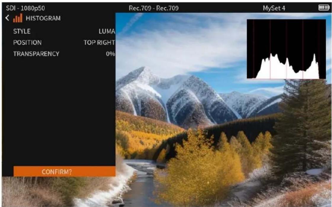 SDI - 1080p50 REC.709 - REC.709 MySet 4 < HISTOGRAM STYLE LUMA POSITION TOP RIGHT TRANSPARENCY 0% CONFIRM?
