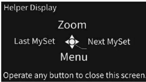 Helper Display Zoom Last MySet Next MySet Menu Operate any button to close this screen.